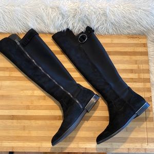 Calvin Klein Black Suede Leather and Fabric Over-the-Knee Boots